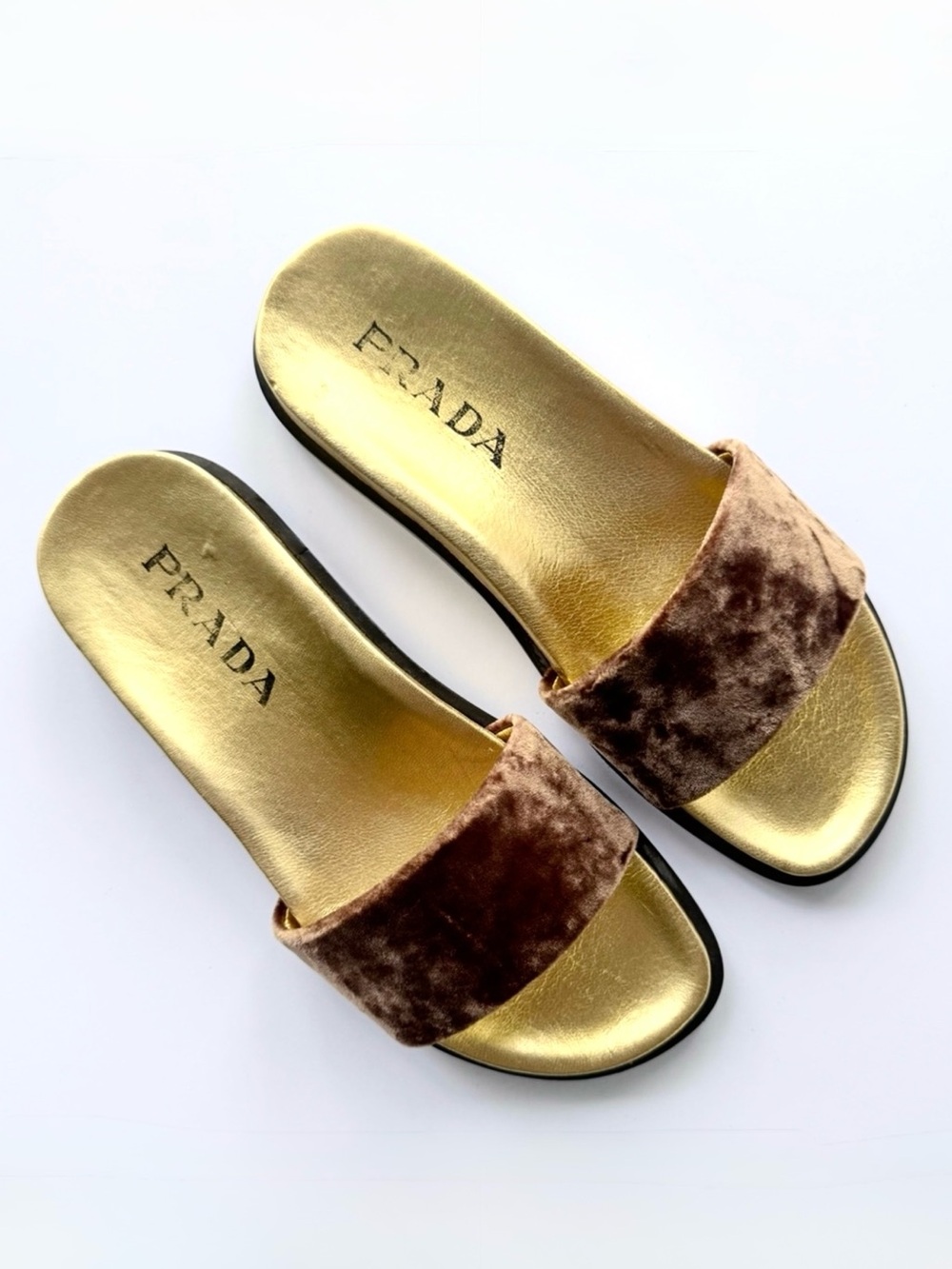 Prada Velvet Slide Sandals in Brown & Gold Size 36